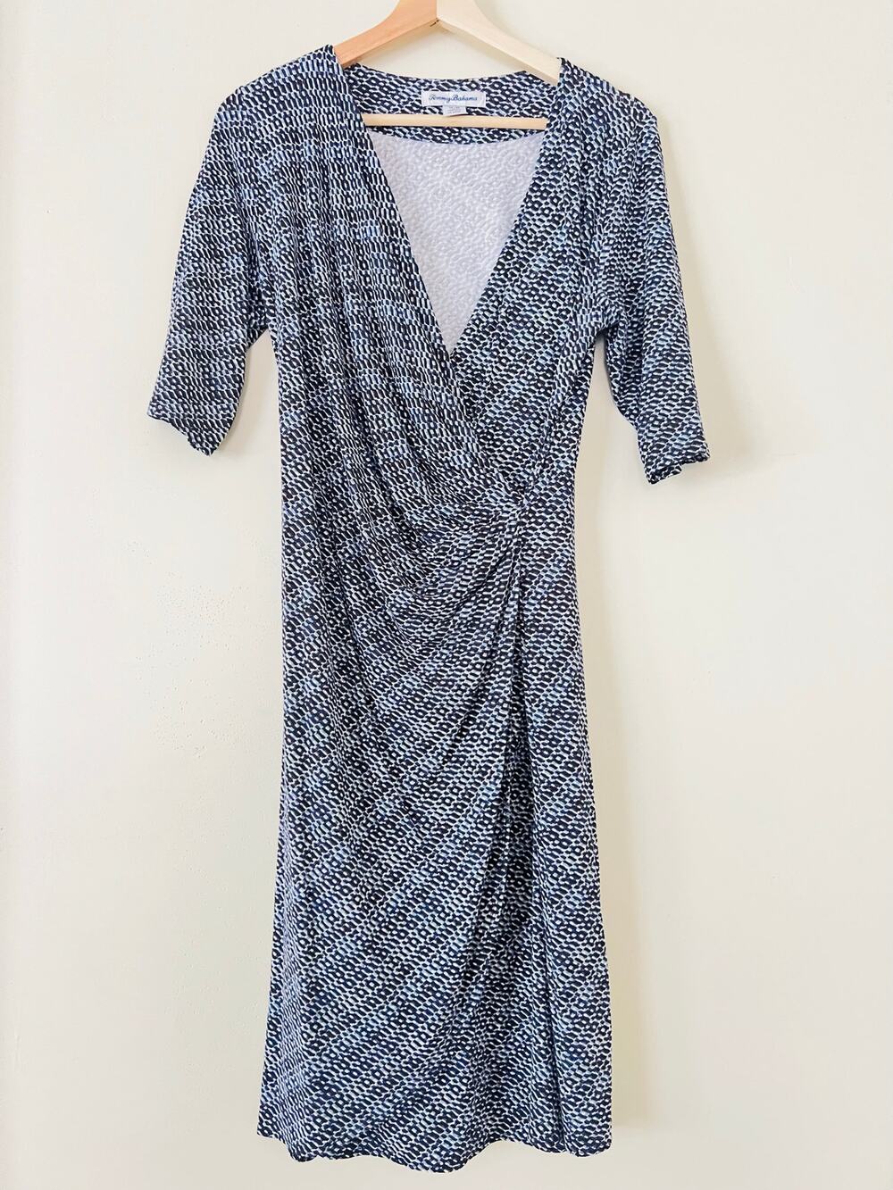 Tommy Bahama Clara Island Faux Wrap Women's Dress Summer Grey Navy Medium Jersey